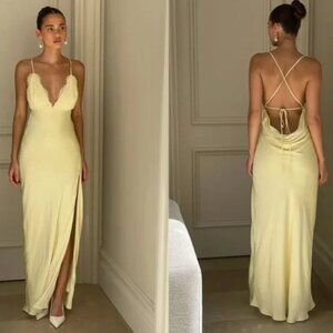 Meshki Dress - Butter Yellow Satin Halter Lace - Gina Dress - Worn Once